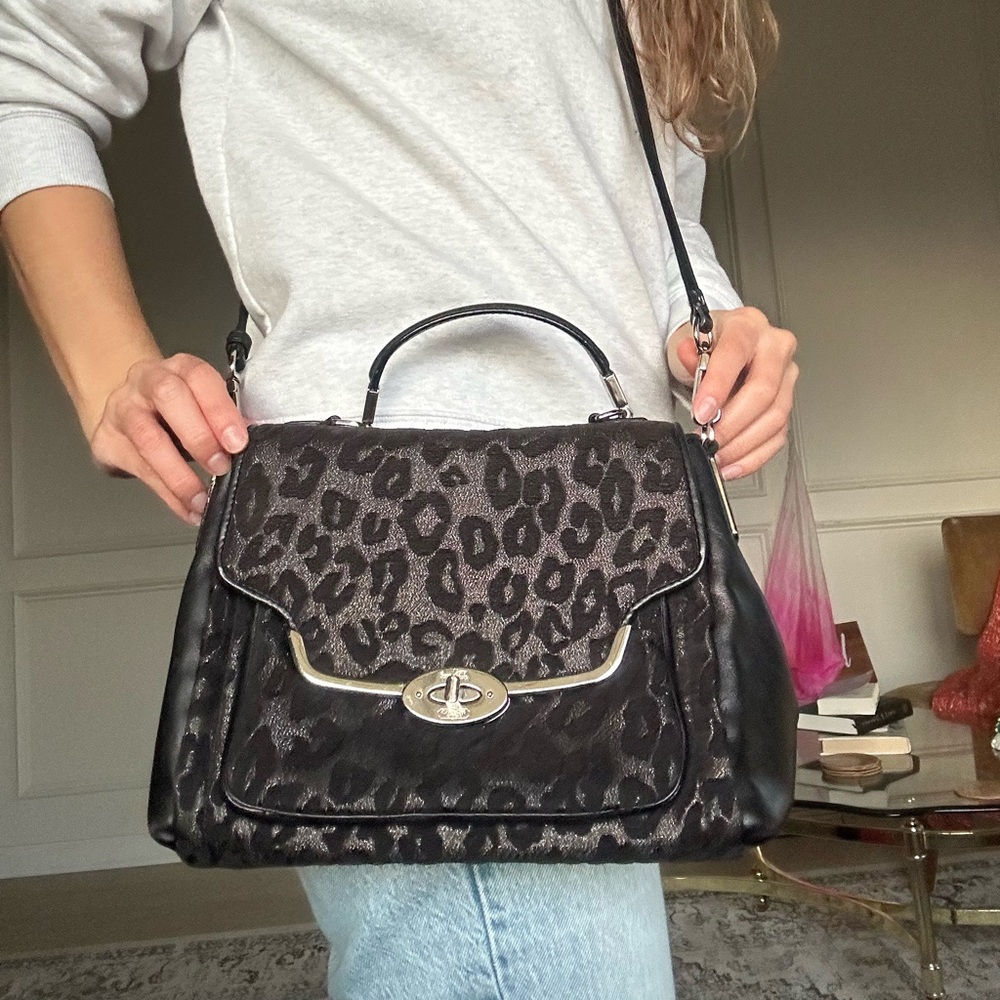 Coach Madison Sadie Leopard Chenille Satchel Black Velvet Purse Silver Hardware